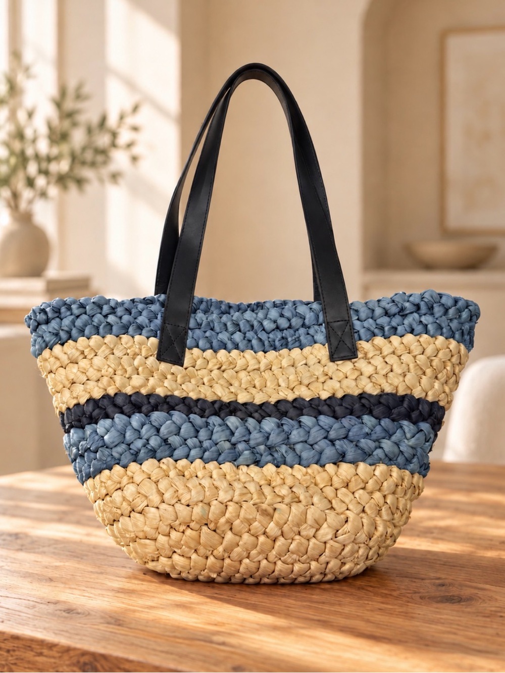 Club Monaco Striped Woven Straw Tote Blue & Cream